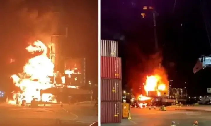 Imagens impressionantes mostram incêndio que destruiu guindaste em SC