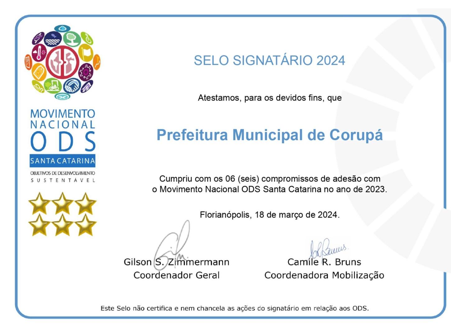 PREFEITURA DE CORUPÁ RECEBE SELO SIGNATÁRIO DO MOVIMENTO NACIONAL ODS SANTA CATARINA