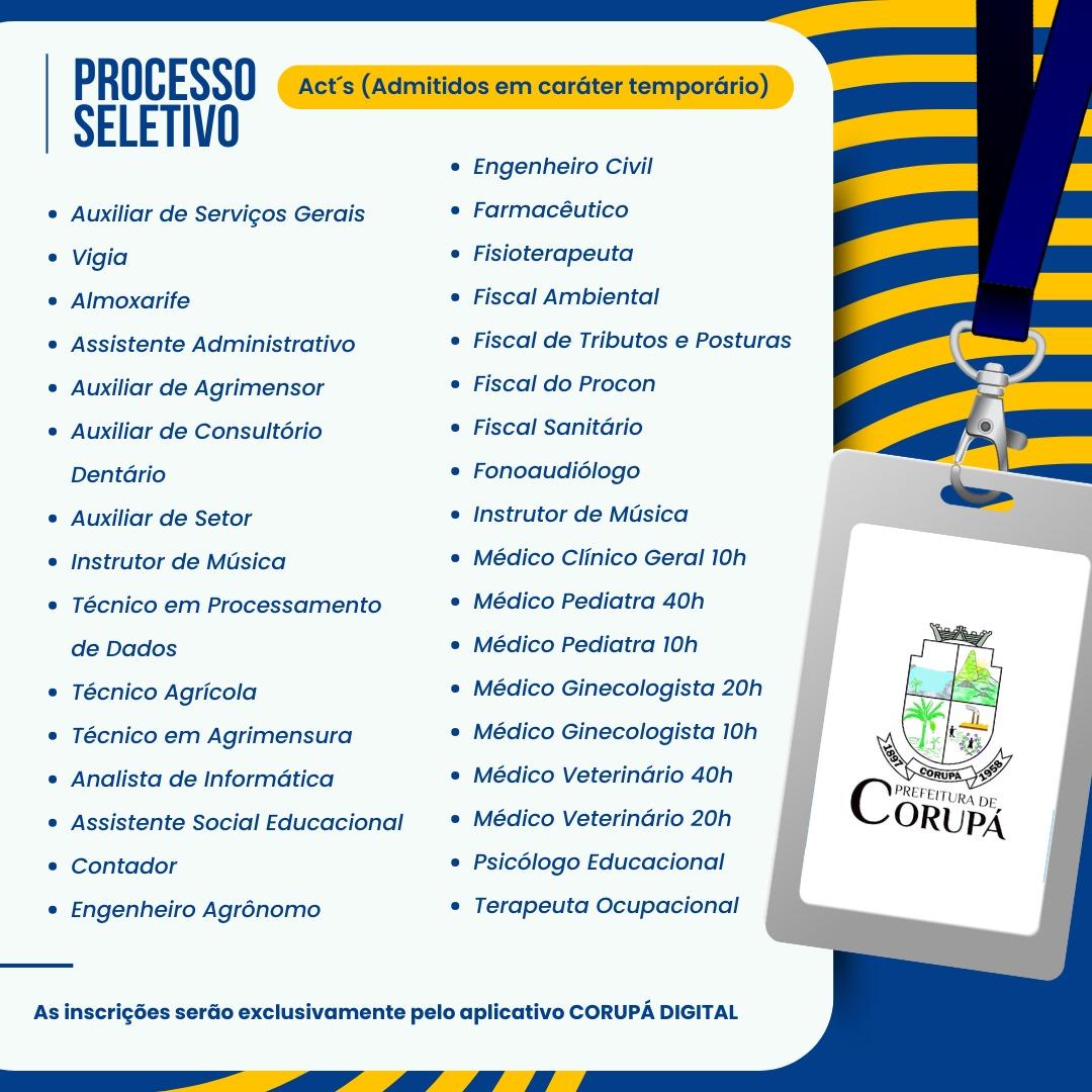 Abertas inscrições de Act para 29 cargos na Prefeitura de Corupá