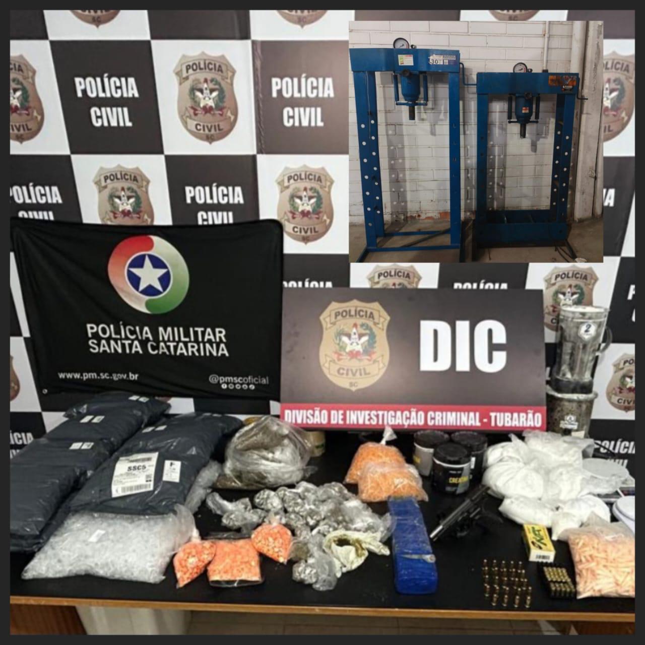 Apreensão de drogas, veículo, duas prensas hidráulicas, arma de fogo, munições e na prisão em flagrante de duas pessoas