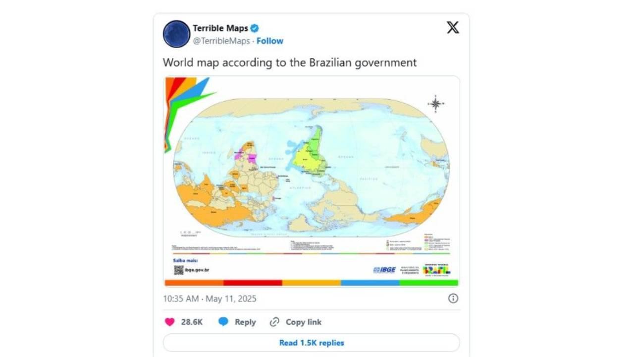 Terrible Maps ridiculariza mapa-múndi do IBGE de ponta-cabeça