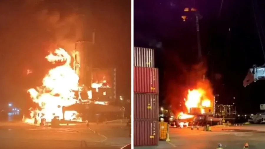 Imagens impressionantes mostram incêndio que destruiu guindaste em SC