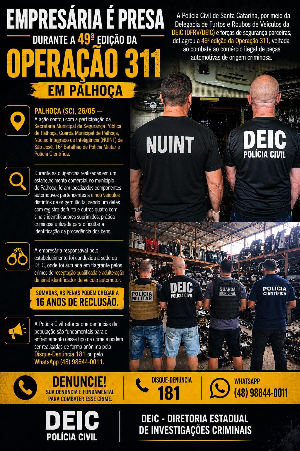 Empresária é presa durante a 49ª edição da Operação 311 em Palhoça