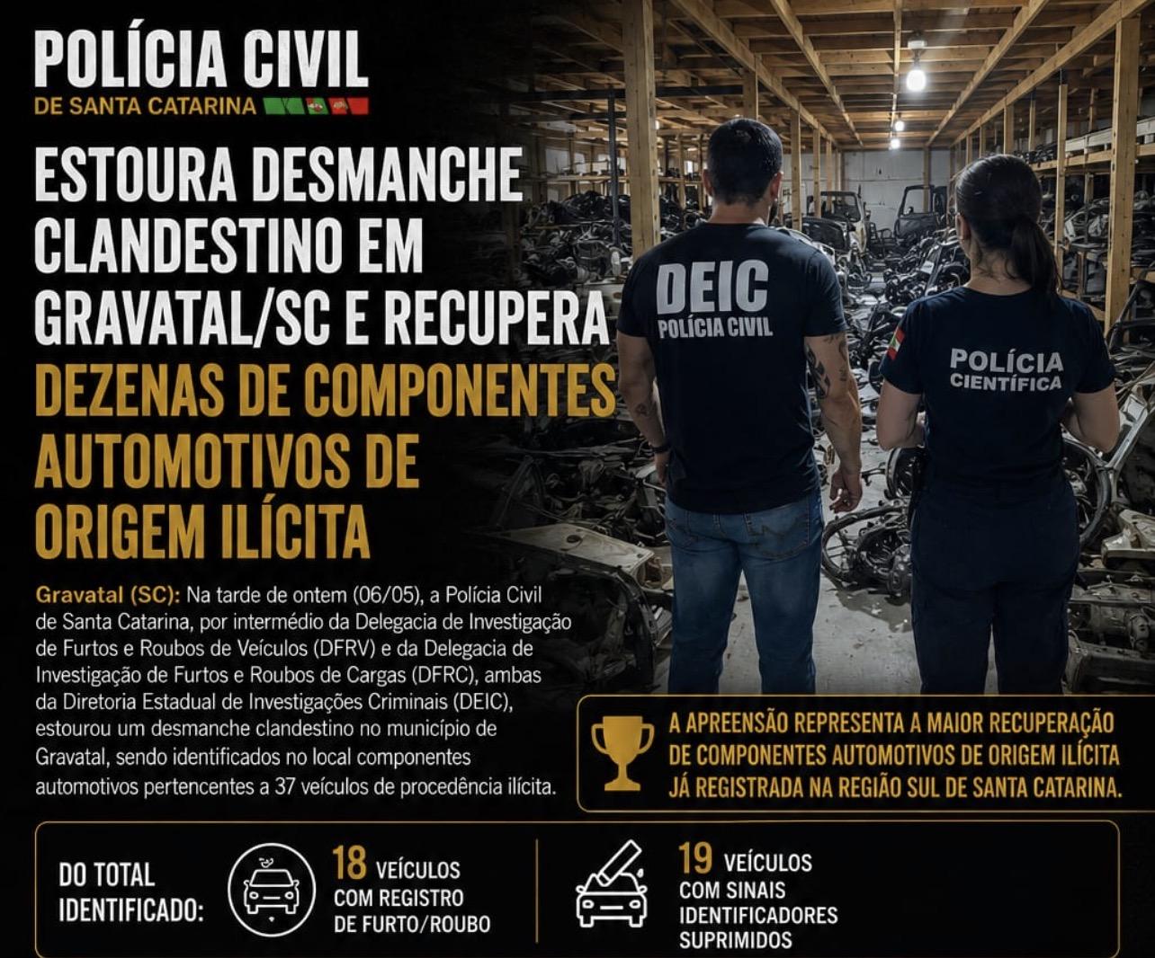 Polícia Civil realiza maior apreensão de componentes automotivos ilícitos do Sul do Estado