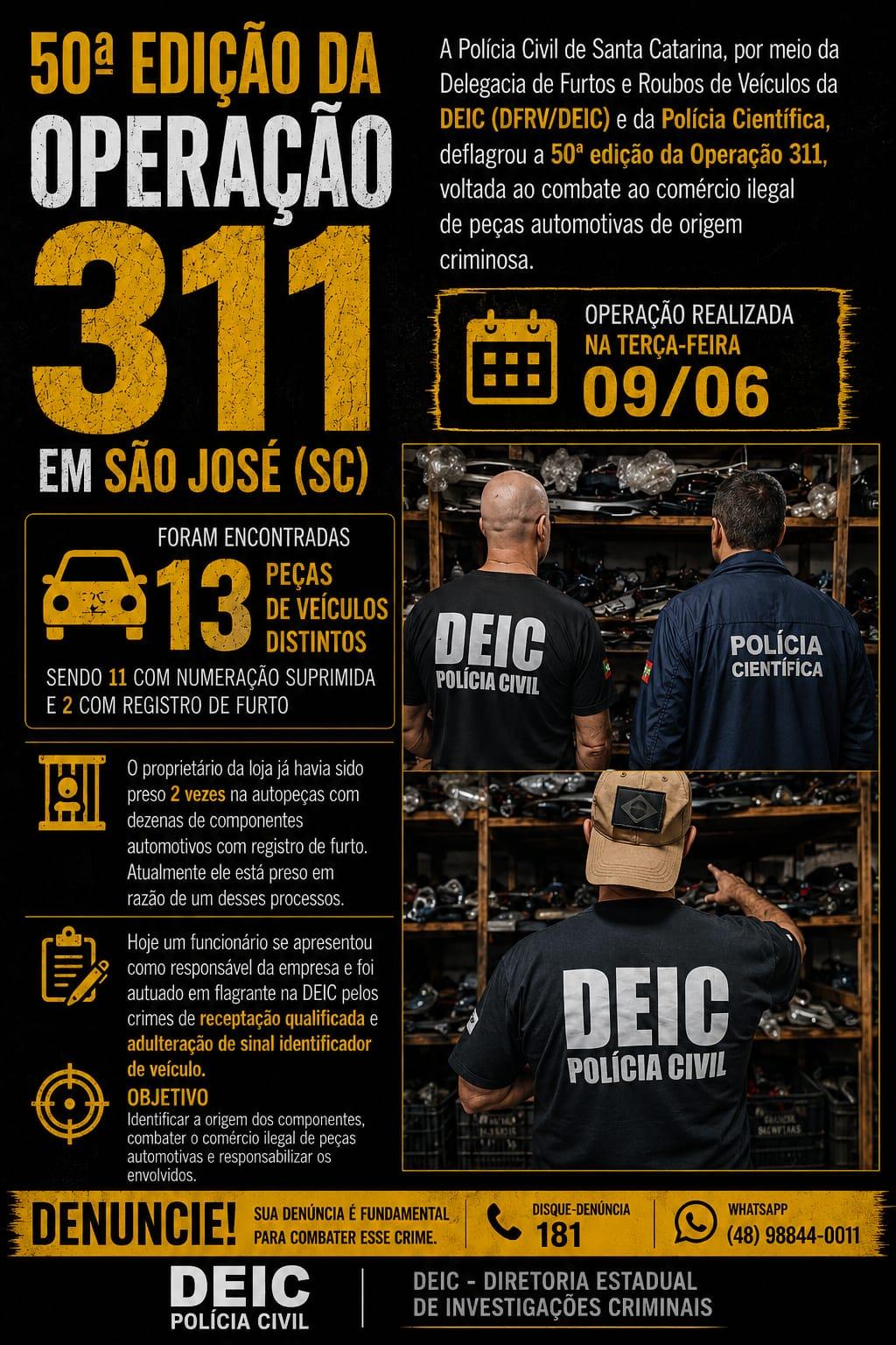 Gerente de autopeças é preso durante a 50ª edição da Operação 311 em São José