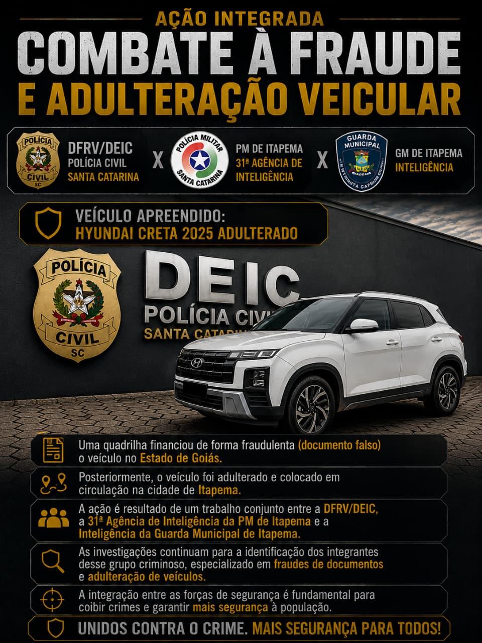 Polícia Civil e Forças de Segurança de Itapema apreendem veículo adulterado e investigam organização criminosa