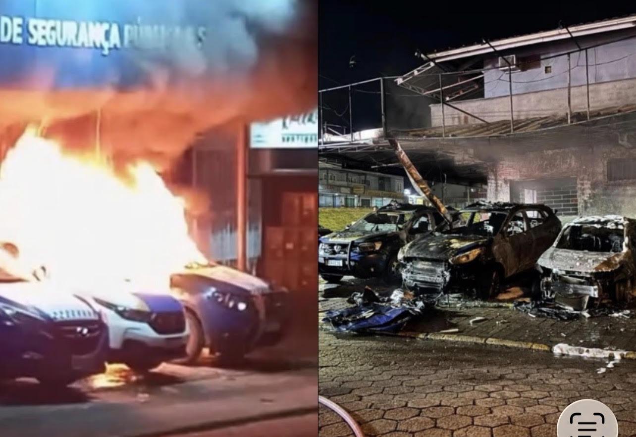 Bandidos incendiaram 4 viaturas da Polícia Civil de Santa Catarina na madrugada de hoje