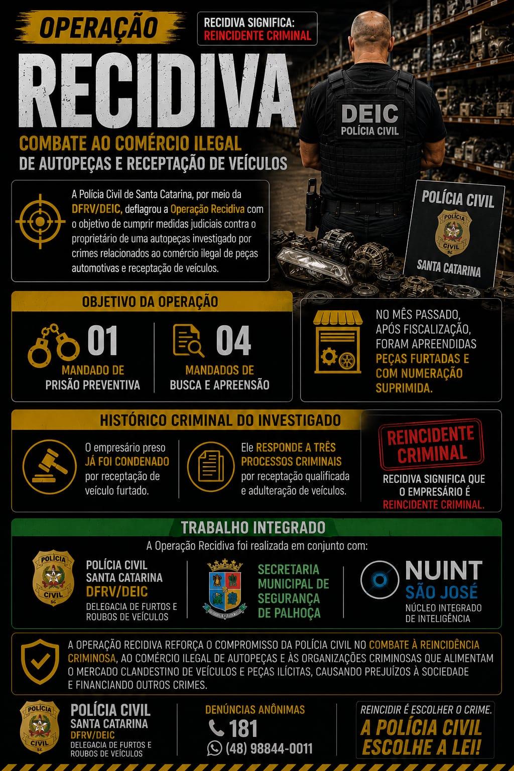 Polícia Civil de Santa Catarina deflagrou a Operação Recidiva