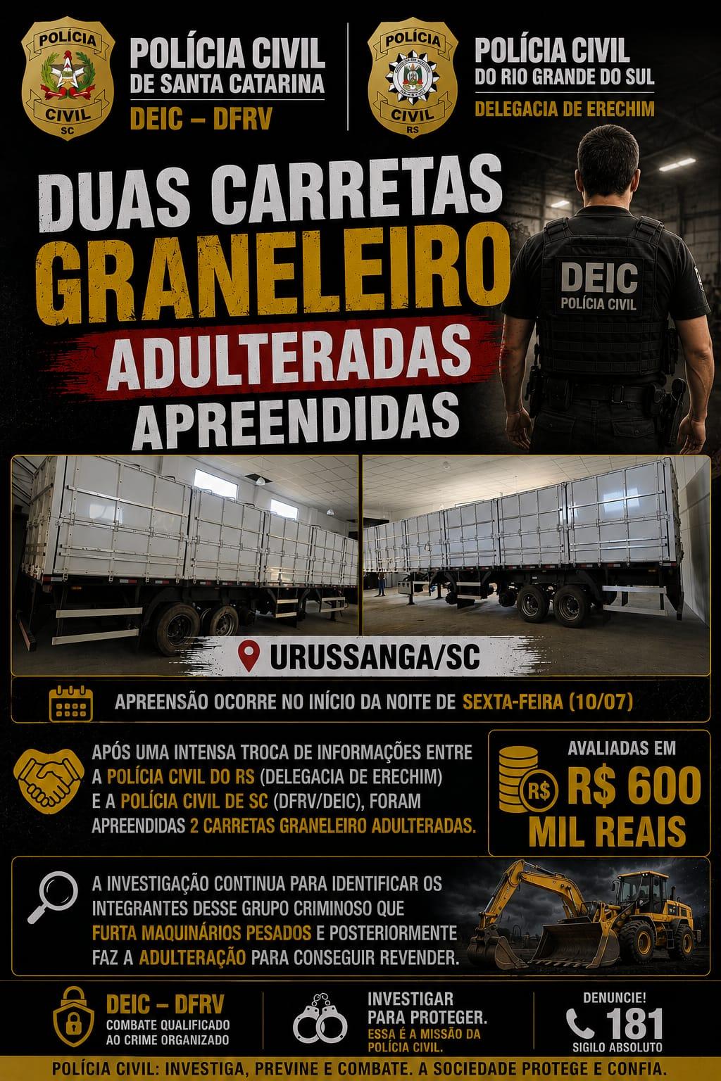 Polícia Civil recupera duas carretas graneleiras em Urussanga
