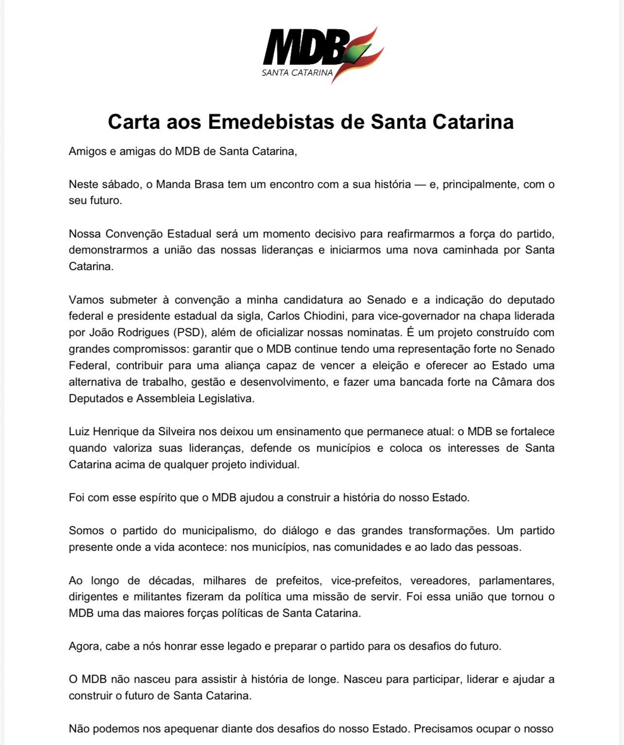 Carta para lideranças do MDB