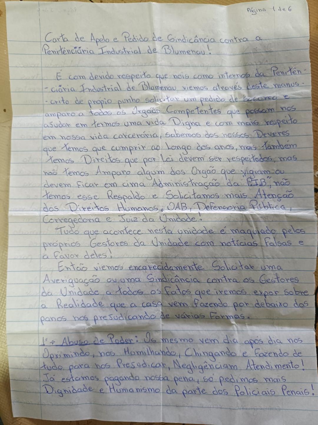 Carta da Penitenciária Industrial de Blumenau